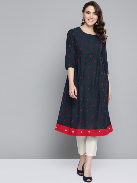 

HERE&NOW Women Navy Blue & Red Woven Design A-Line Kurta