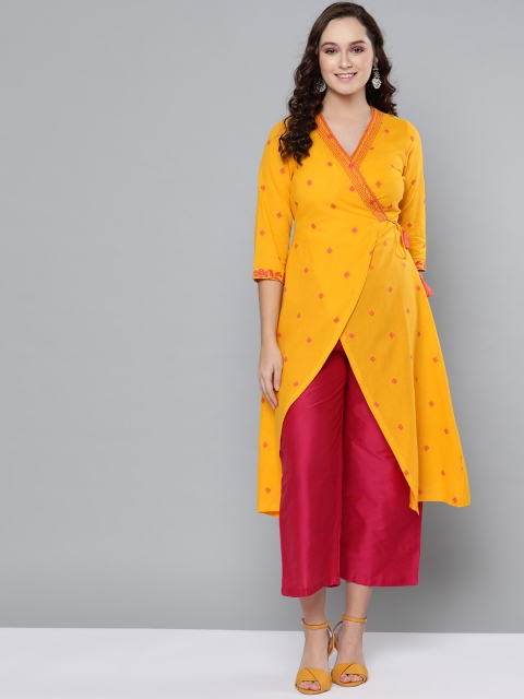 

HERE&NOW Women Mustard Yellow & Pink Embroidered Angrakha Overlap A-Line Kurta