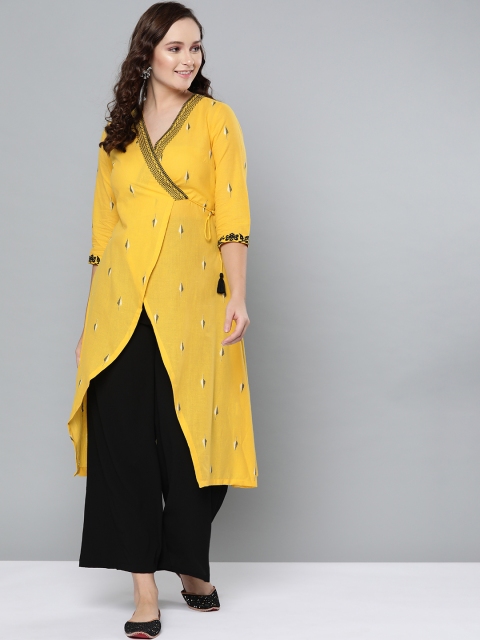 

HERE&NOW Women Yellow & Black Embroidered Angrakha Overlap A-Line Kurta