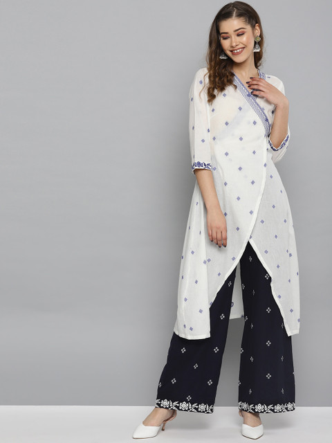 

HERE&NOW Women White & Navy Blue Woven Design Angrakha Kurta with Palazzos