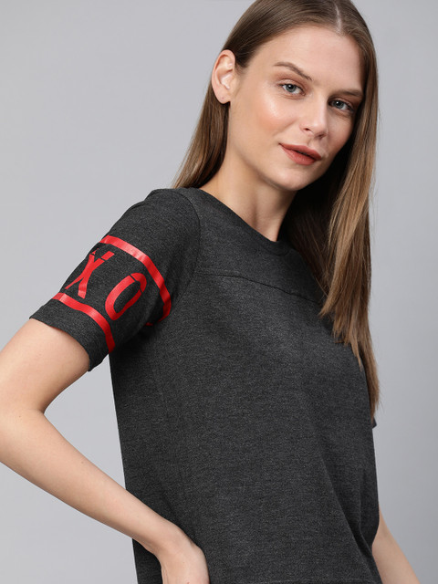 

Harvard Women Charcoal Grey Solid Round Neck T-shirt with Printed Sleeves