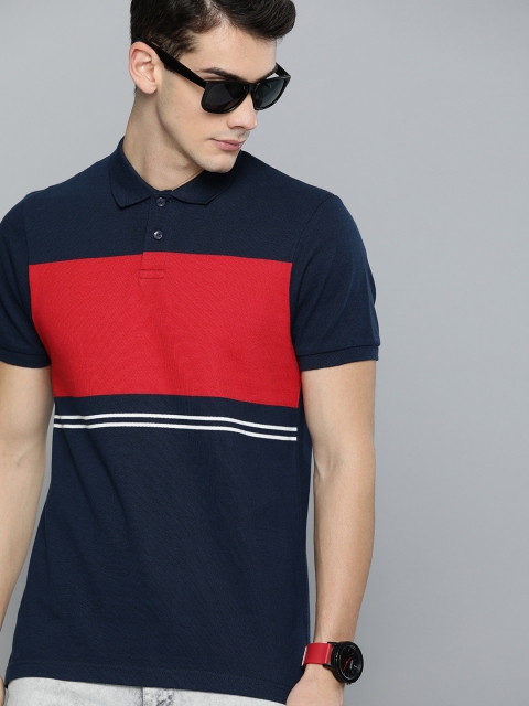 Men Navy Blue & Red Colourblocked Polo Collar T-shirt