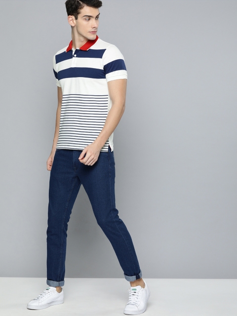 

Harvard Men White & Navy Blue Striped Polo Collar T-shirt