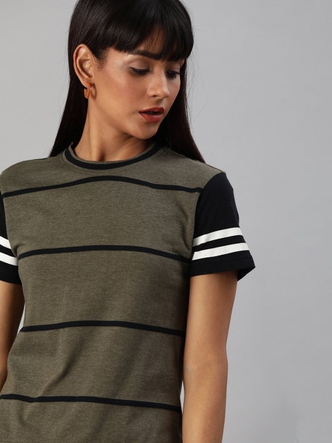 

Harvard Women Olive Green & Black Striped Round Neck T-shirt