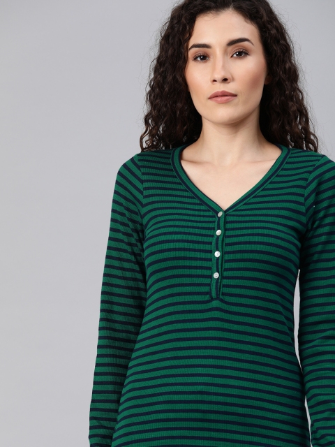 

Harvard Women Green & Navy Blue Striped V-Neck T-Shirt