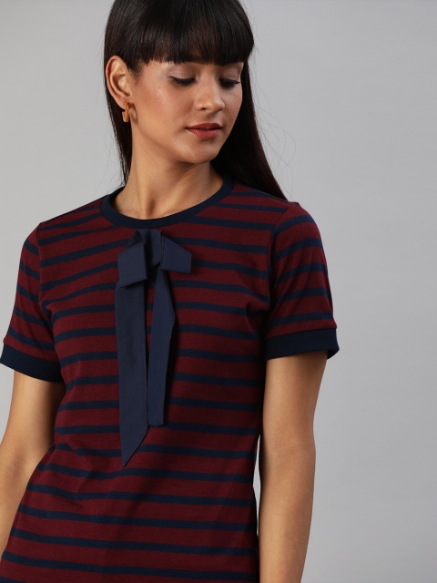 

Harvard Women Maroon & Navy Blue Striped Bow Detail Pure Cotton Top