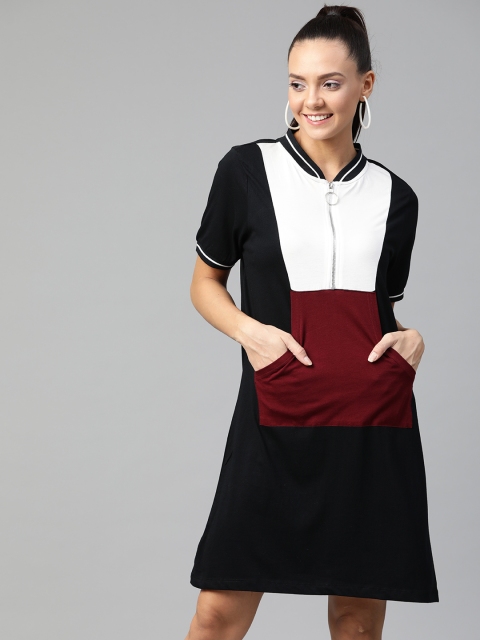 

Harvard Women Black & Maroon Colourblocked Knitted T-shirt Dress With Kangaroo Pocket