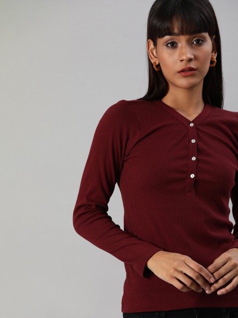 

Harvard Women Maroon Ribbed V-Neck Pure Cotton Top