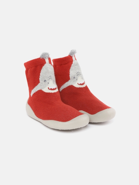 

Hoppipola Kids Red & Grey Melange Self Design Booties