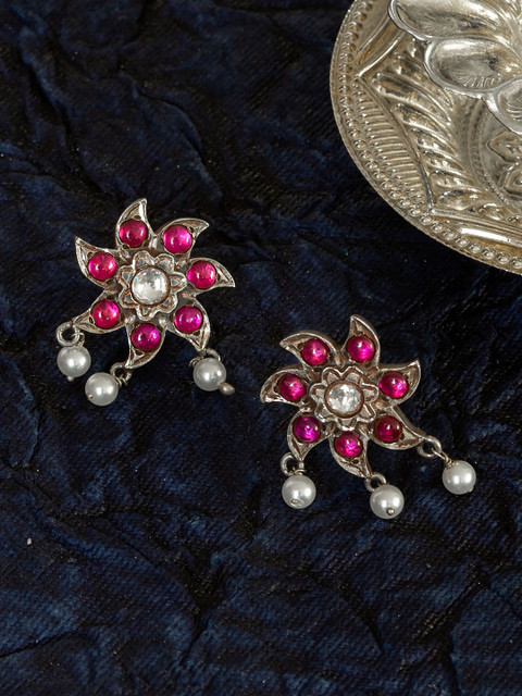 

Unniyarcha Jewellery 92.5 Sterling Silver & Magenta Floral Drop Earrings