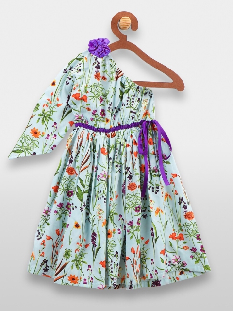 

LilPicks Girls Blue Floral Printed One Shoulder Fit and Flare Dress