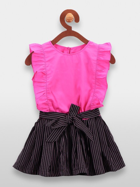 

LilPicks Girls Pink & Black Striped Ruffled Fit and Flare Dress