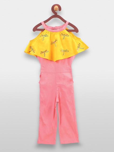 

LilPicks Girls Pink & Yellow Self Design Basic Jumpsuit