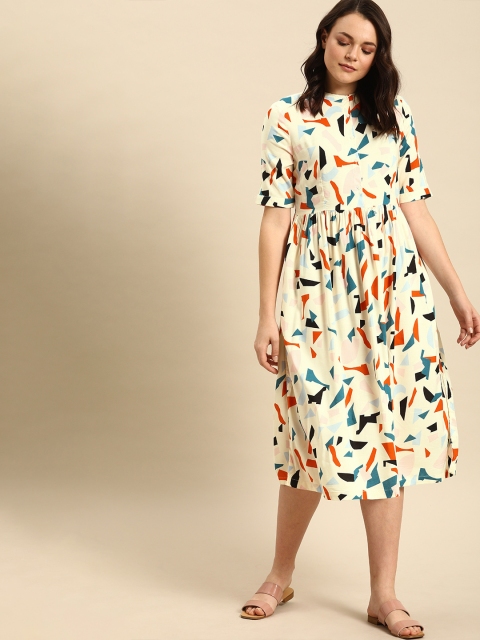 

ether Women Cream Printed Fit and Flare Dress