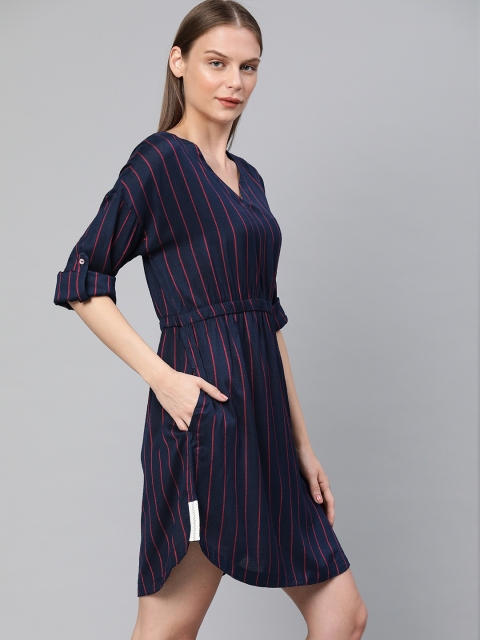 

Harvard Women Navy Blue & Red Striped Waisted A-Line Dress