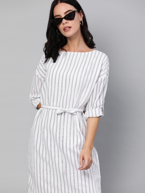 

Harvard Women White & Navy Blue Striped A-Line Drop Shoulder Sleeve Dress