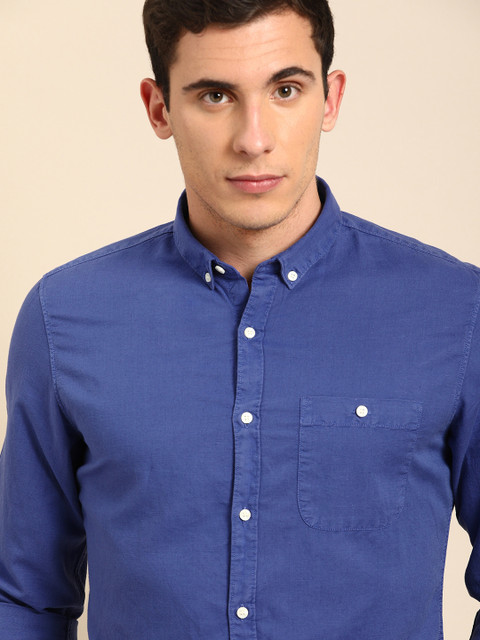 

ether Men Blue Regular Fit Cotton Linen Solid Casual Shirt