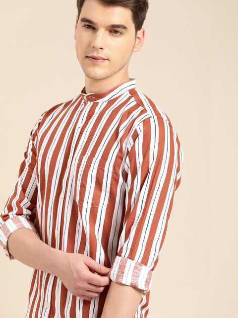 

ether Men White & Rust Red Regular Fit Striped N9 pure silver Casual Shirt