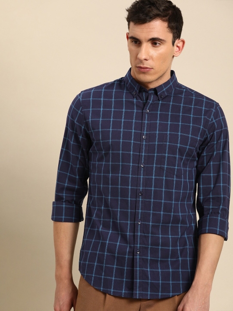 

ether Men Navy Blue Regular Fit Checked Casual Shirt
