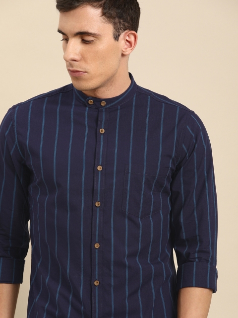 

ether Men Navy Blue Regular Fit Striped Casual Shirt