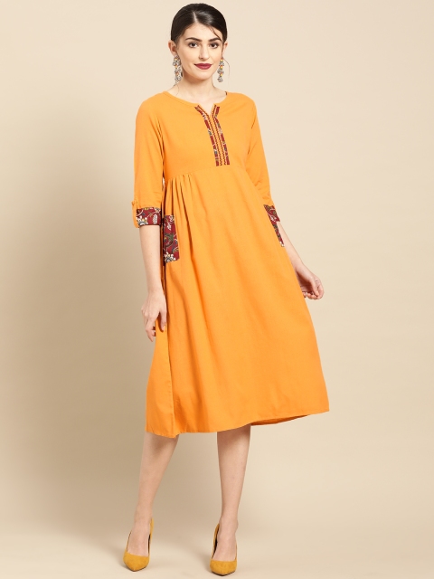 

IMARA Women Mustard Yellow Solid Empire Dress