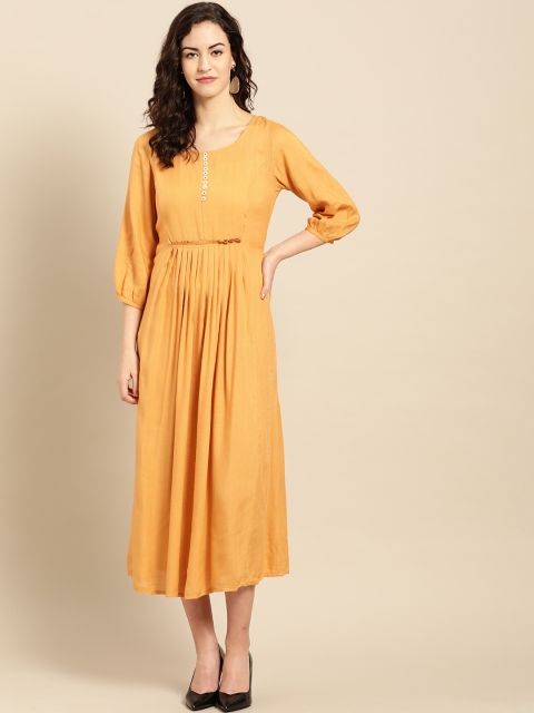 

IMARA Women Mustard Yellow Solid A-Line Dress