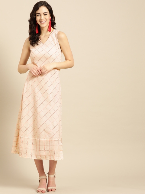 

IMARA Women Cream-Coloured & Red Checked A-Line Dress