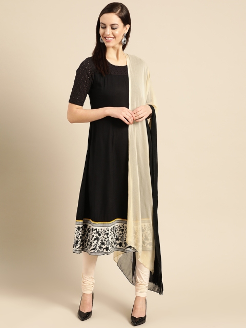 

IMARA Women Black Solid Kurta with Churidar & Dupatta