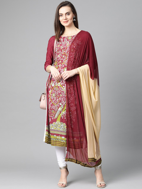 

IMARA Women Maroon & White Printed Kurta with Leggings & Dupatta