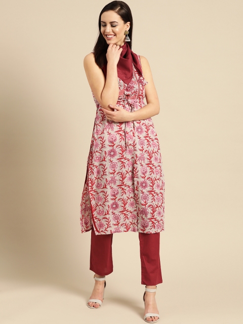 

IMARA Women Grey & Maroon Printed Kurta with Trousers