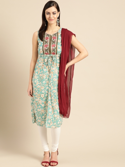 

IMARA Women Blue & Off-White Printed Kurta with Churidar & Dupatta