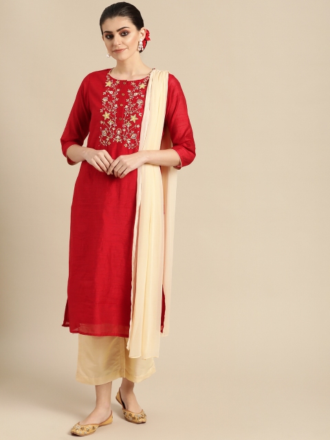 

IMARA Women Red & Cream-Coloured Yoke Design Kurta with Palazzos & Dupatta