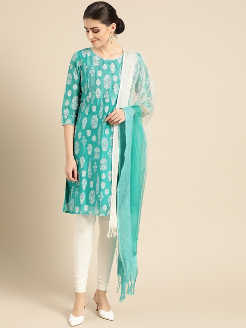 

IMARA Women Blue & White Printed Kurta with Churidar & Dupatta