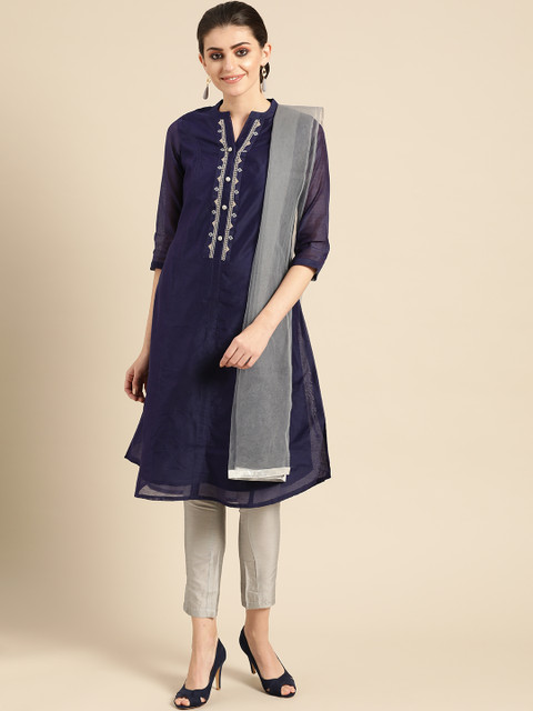 

IMARA Women Navy Blue & Silver Solid Kurta with Trousers & Dupatta