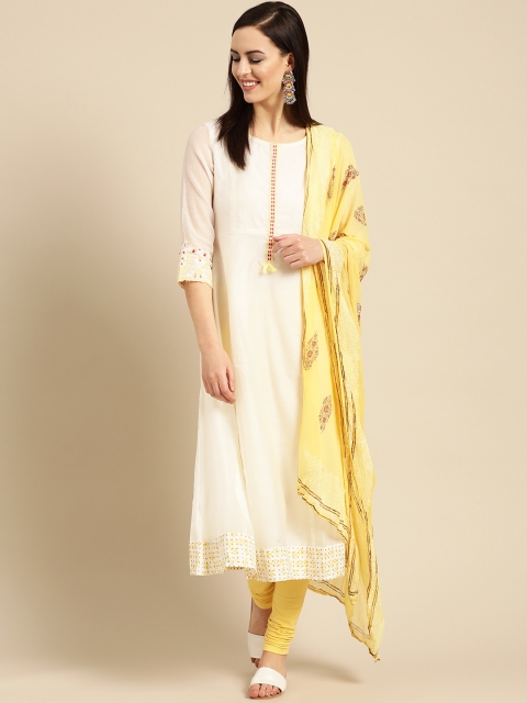 

IMARA Women Off-White Solid Kurta with Churidar & Dupatta