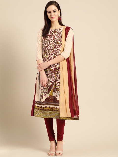 IMARA Women Beige & Maroon Printed Kurta with Churidar & Dupatta