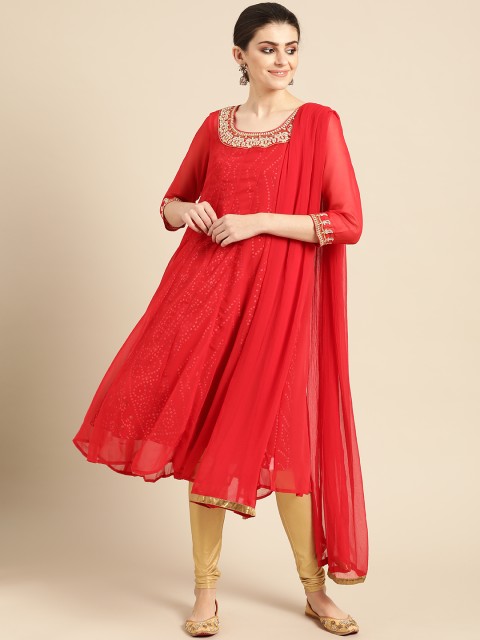 

IMARA Women Red & Golden Printed Layered Kurta with Churidar & Dupatta