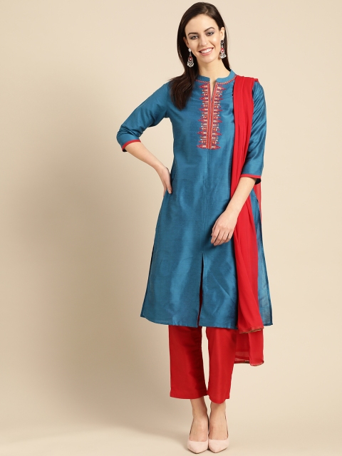 

IMARA Women Teal Blue & Red Yoke Design Kurta with Trousers & Dupatta