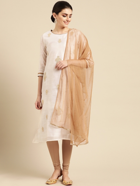 

IMARA Women Off-White & Golden Embroidered Kurta with Churidar & Dupatta