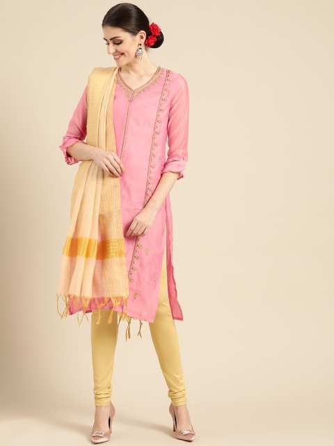 

IMARA Women Pink & Golden Embroidered Kurta with Churidar & Dupatta