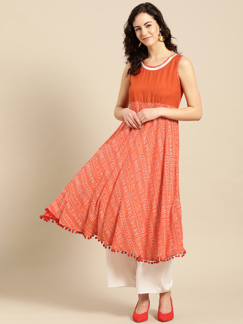 

IMARA Women Orange & White Printed A-Line Kurta