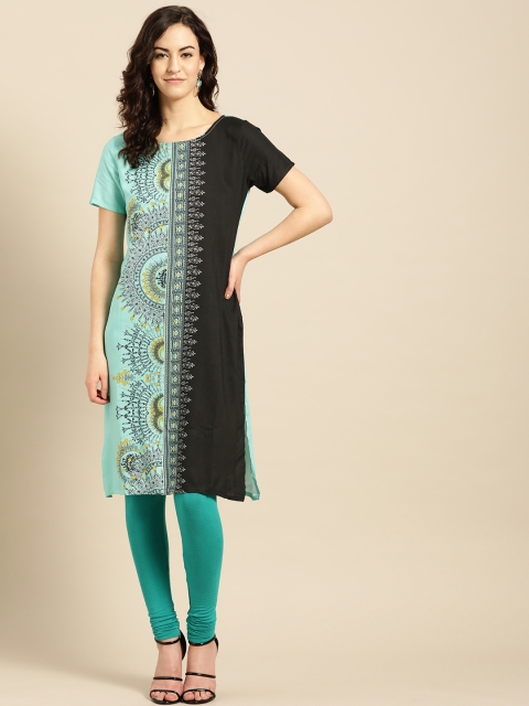 

IMARA Women Blue & Black Printed Straight Kurta