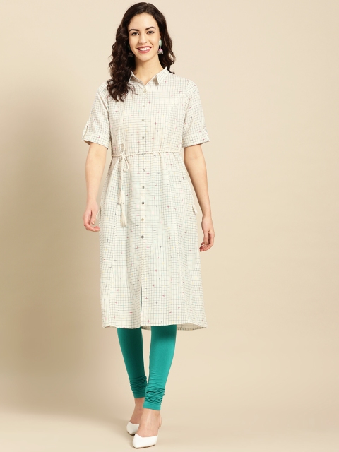 

IMARA Women White & Grey Checked A-Line Kurta