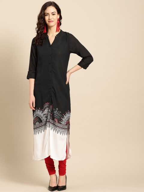 

IMARA Women Black & White Solid Straight Kurta