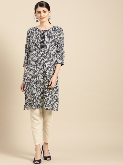 

IMARA Women Navy Blue & Off-White Printed Straight Kurta