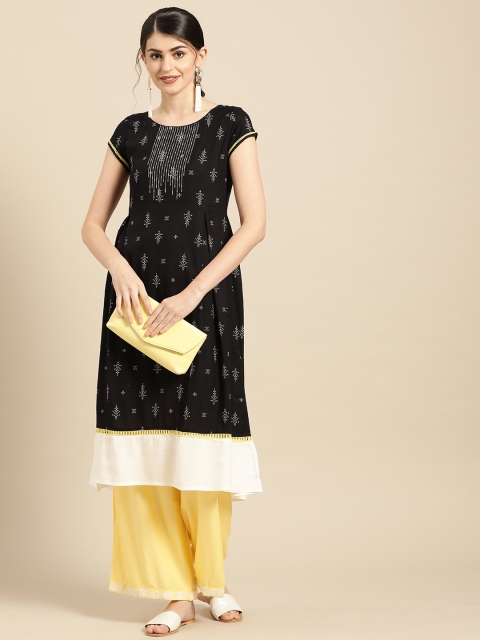 

IMARA Women Black & Off-White Printed A-Line Kurta