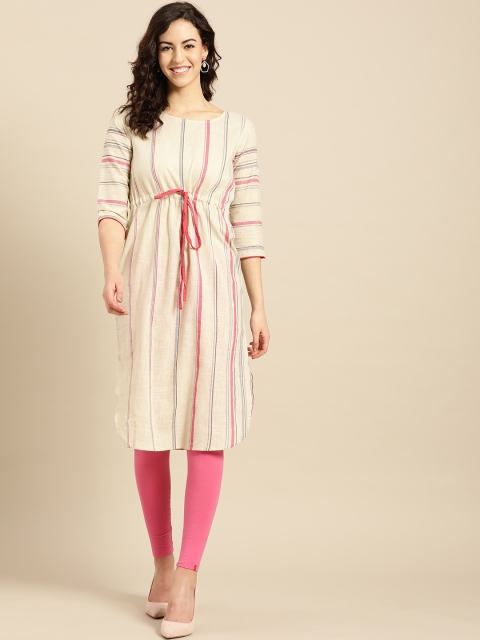 

IMARA Women Beige & Pink Striped Straight Kurta