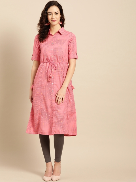 

IMARA Women Pink & Teal Blue Checked A-Line Kurta