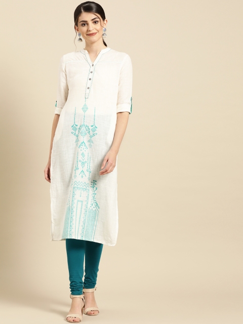 

IMARA Women Off-White & Green Printed Straight Kurta