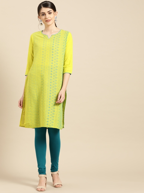 

IMARA Women Lime Green & Blue Printed Straight Kurta
